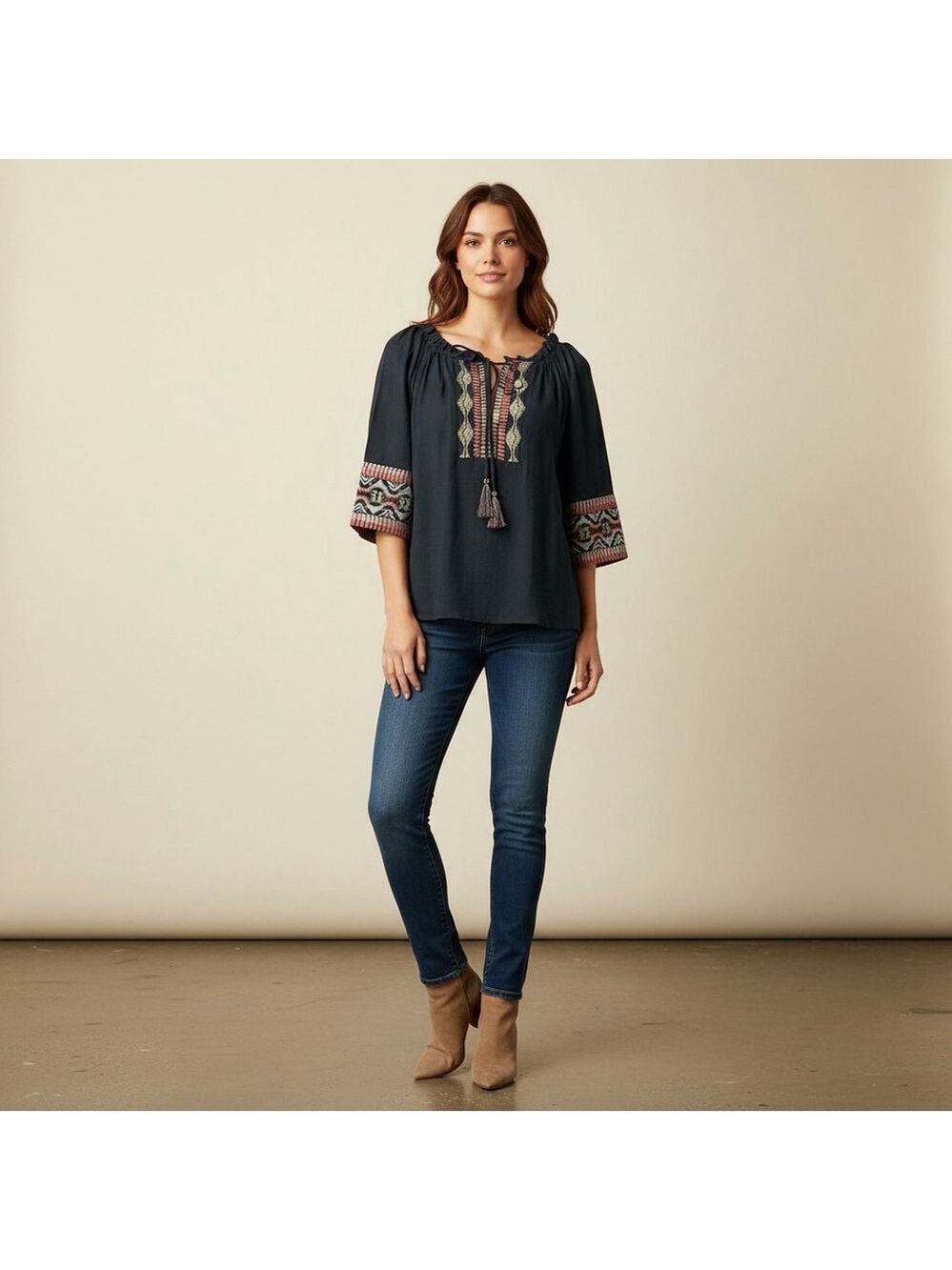 Studio JPR John Paul Richard Petite Navy Embroidered Blouse PM NWT